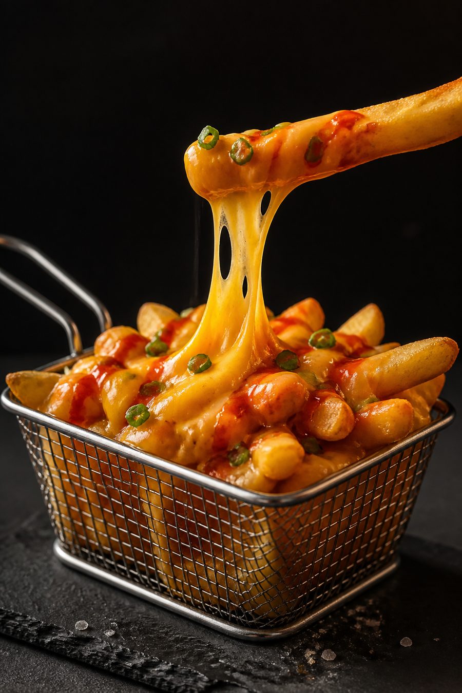 Loaded fries in a metal basket