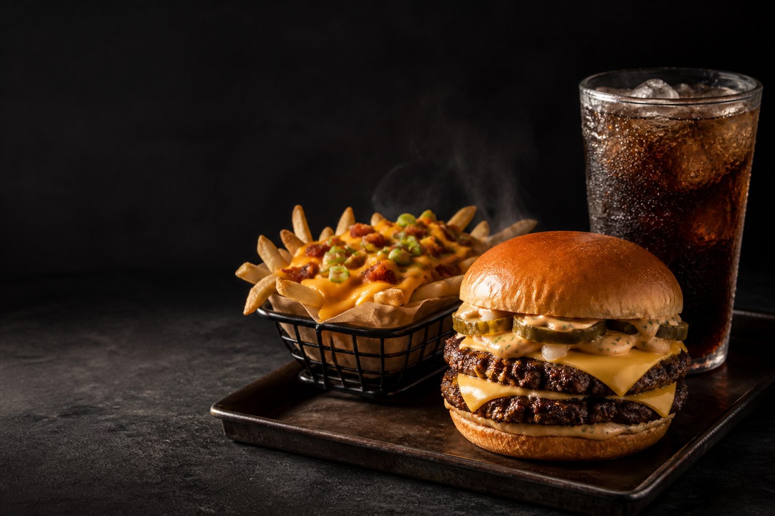 Burger, loaded fries and a soft drink on a dark table