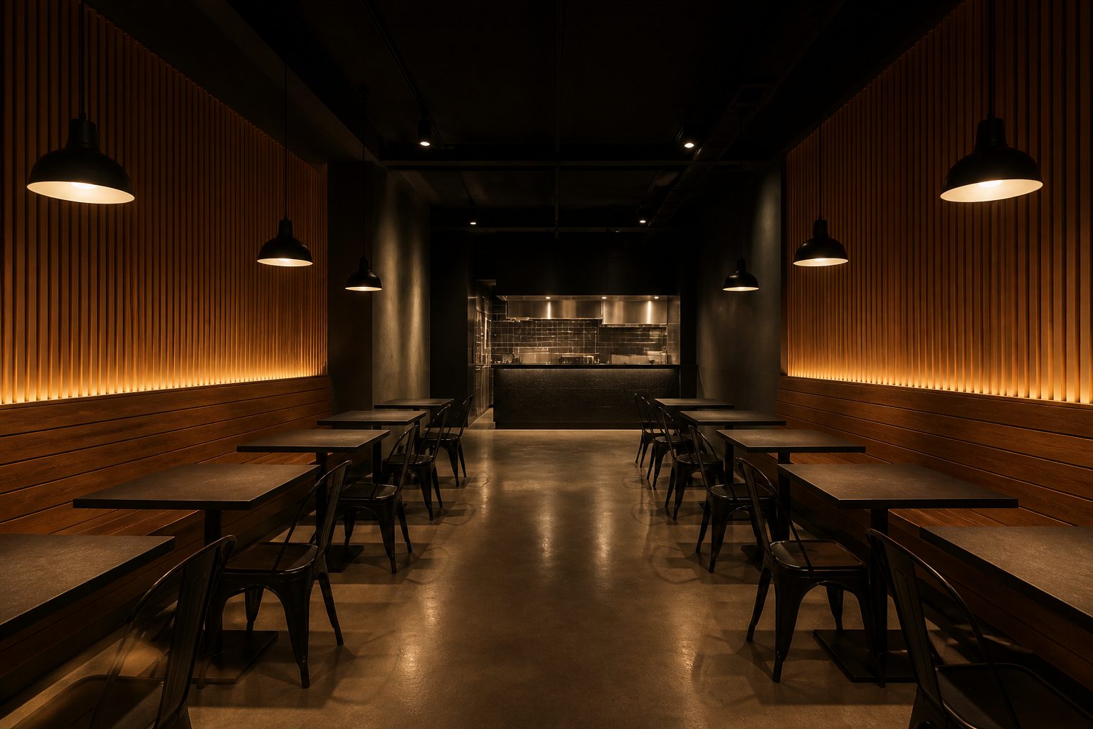EATO dining area with warm lighting and wooden seating