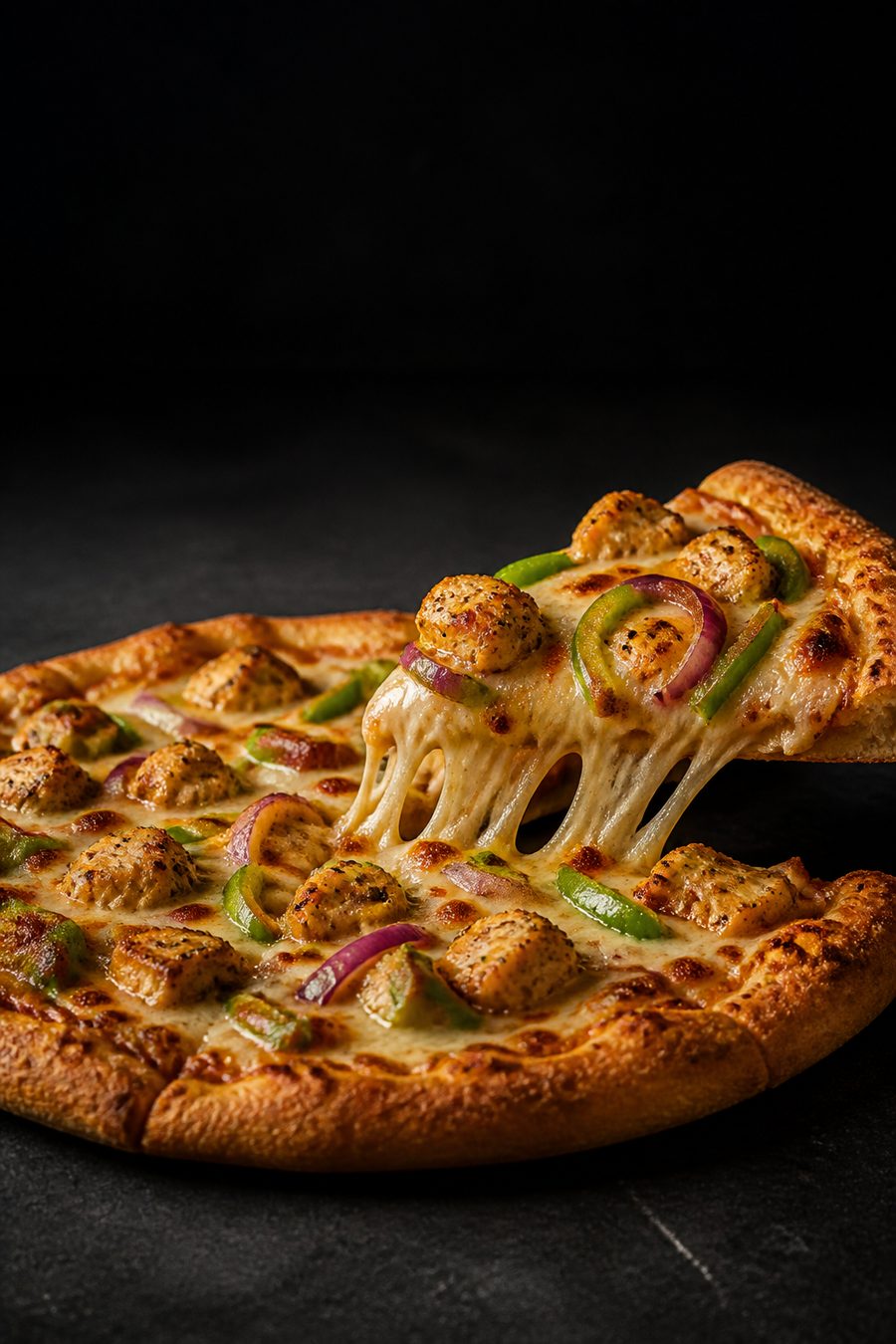 Chicken pizza with a cheese pull