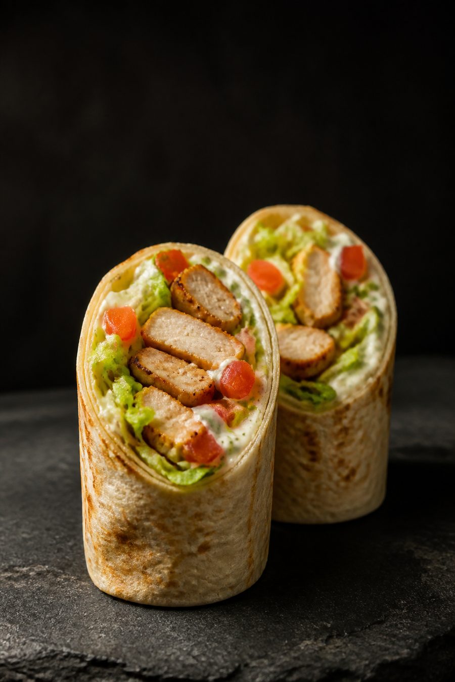 Grilled chicken wrap cut in half
